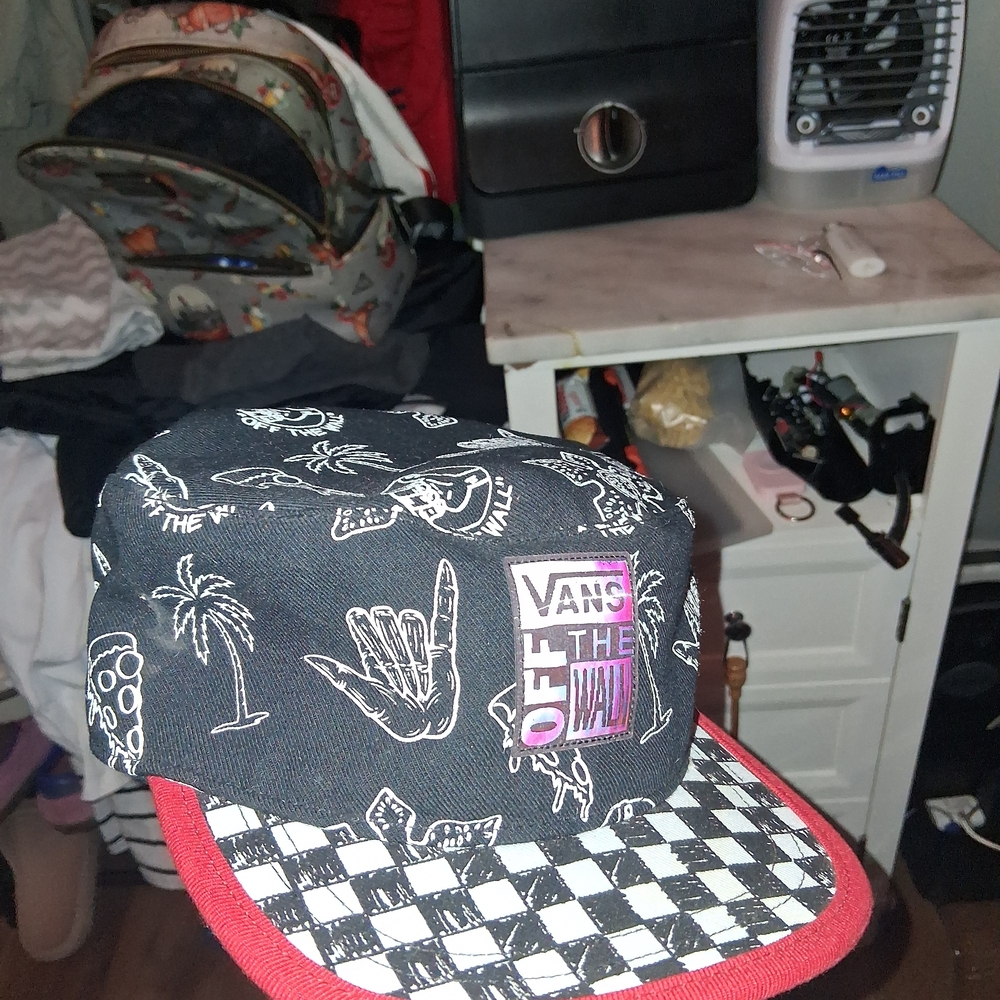 Vans Black and White Checkered Cap with Red Brim